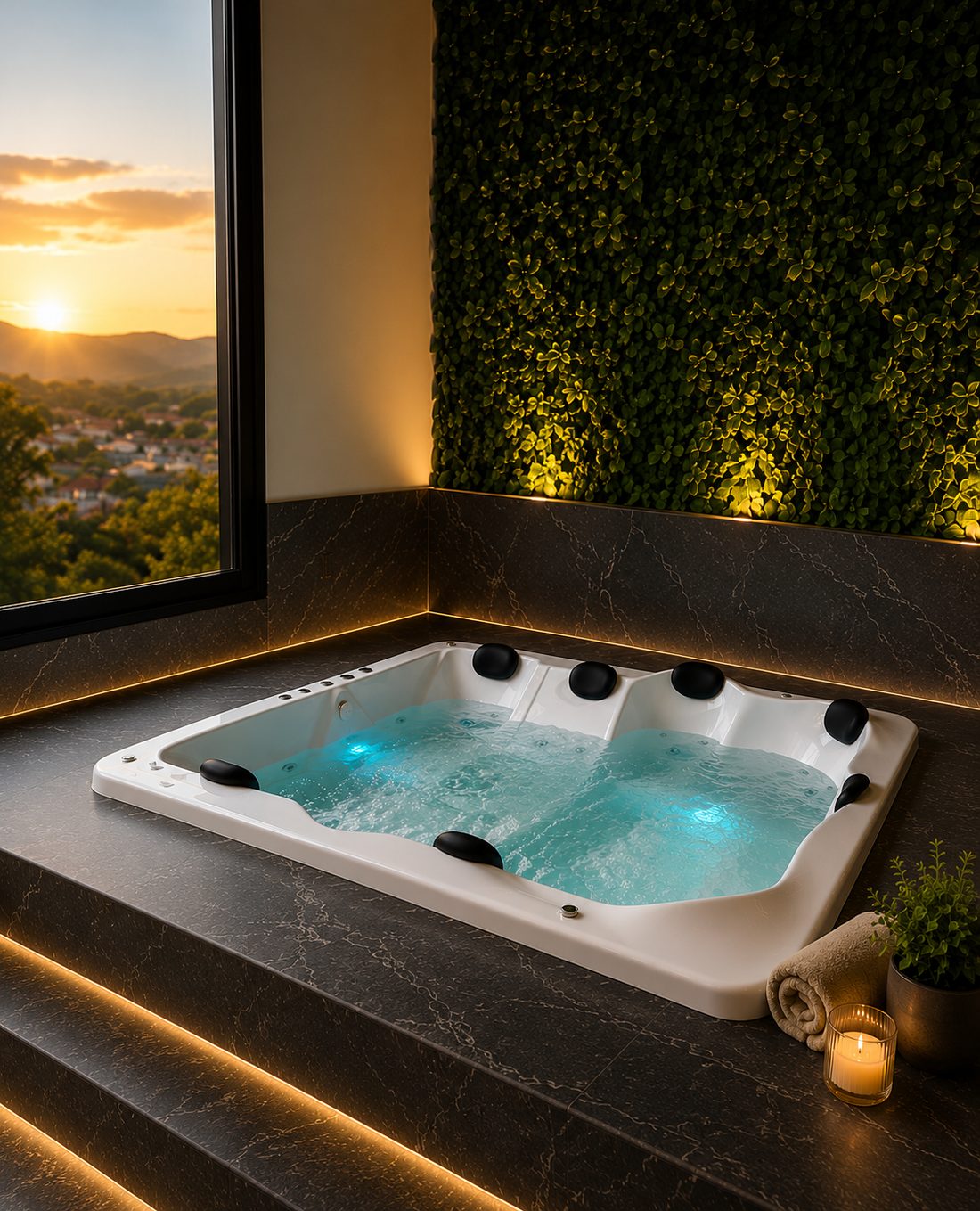 Spa de hidromassagem com vista para o pôr do sol, ambiente premium