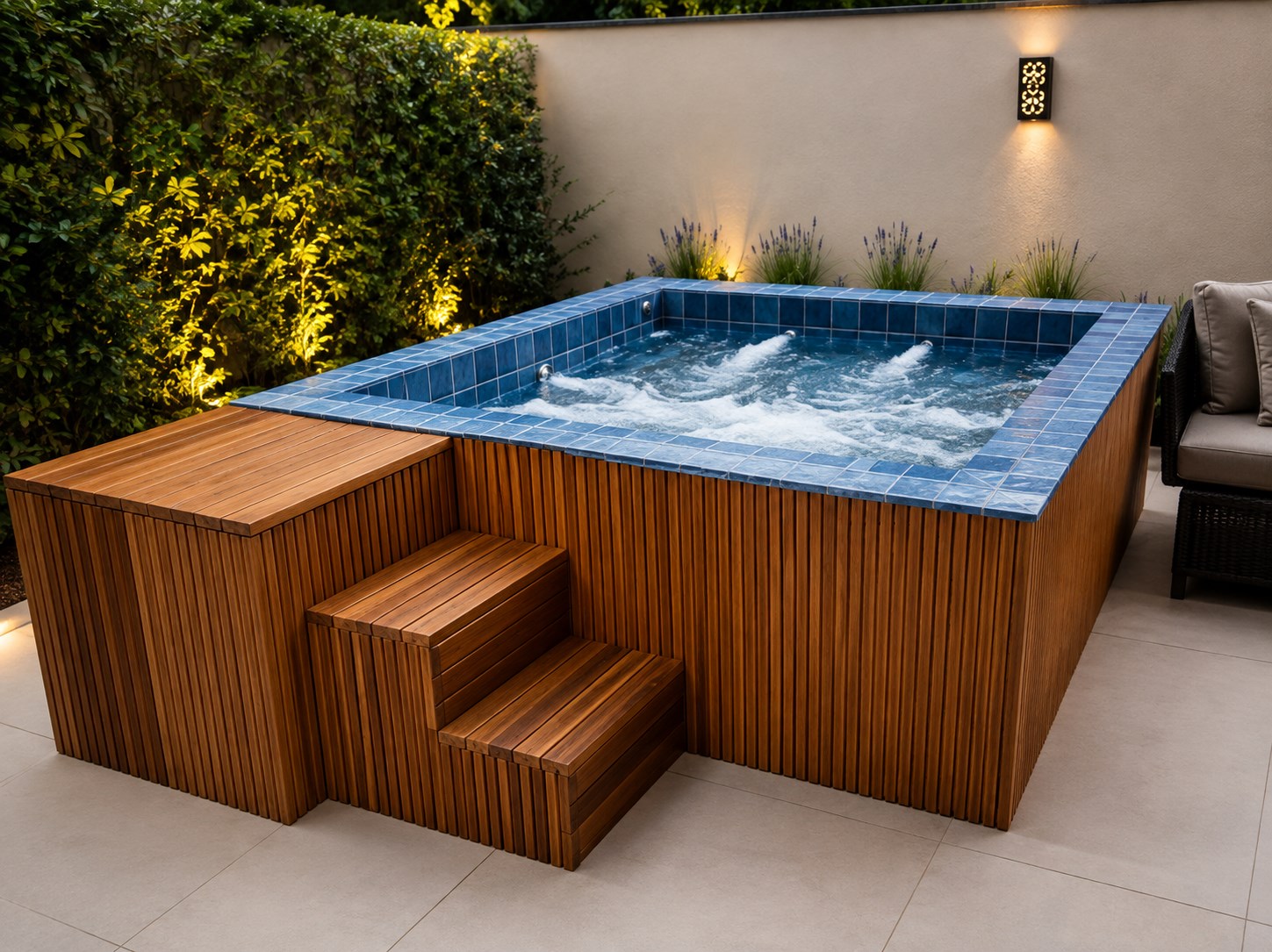 Spa com acabamento em pastilha, estilo piscina, integrado ao ambiente